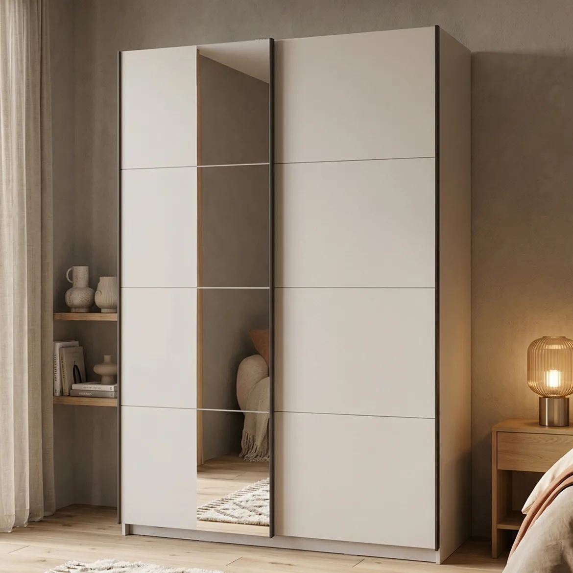 Guardaroba Grande Bianco Opaco Nero Appendiabiti 2 Ripiani 145.5x217.5h cm, Apertura Scorrevole - Tredozio