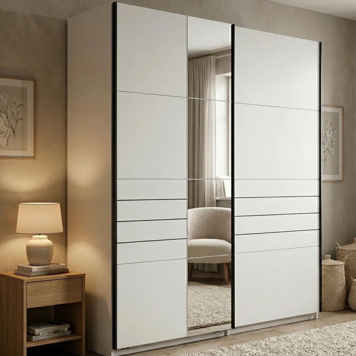 Guardaroba Grande Bianco Opaco Nero Appendiabiti 2 Ripiani 155x208h cm, 4 Vani - Soris