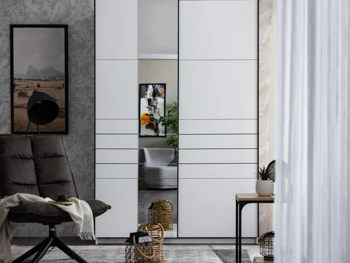 Guardaroba Grande Bianco Opaco Nero Appendiabiti 2 Ripiani 155x208h cm, 4 Vani - Soris