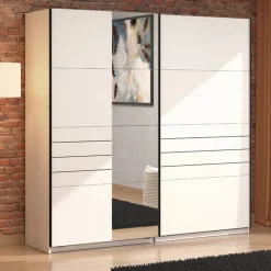 Guardaroba Grande Bianco Opaco Nero Appendiabiti 2 Ripiani 220x217.5h cm, Apertura Scorrevole - Spartano
