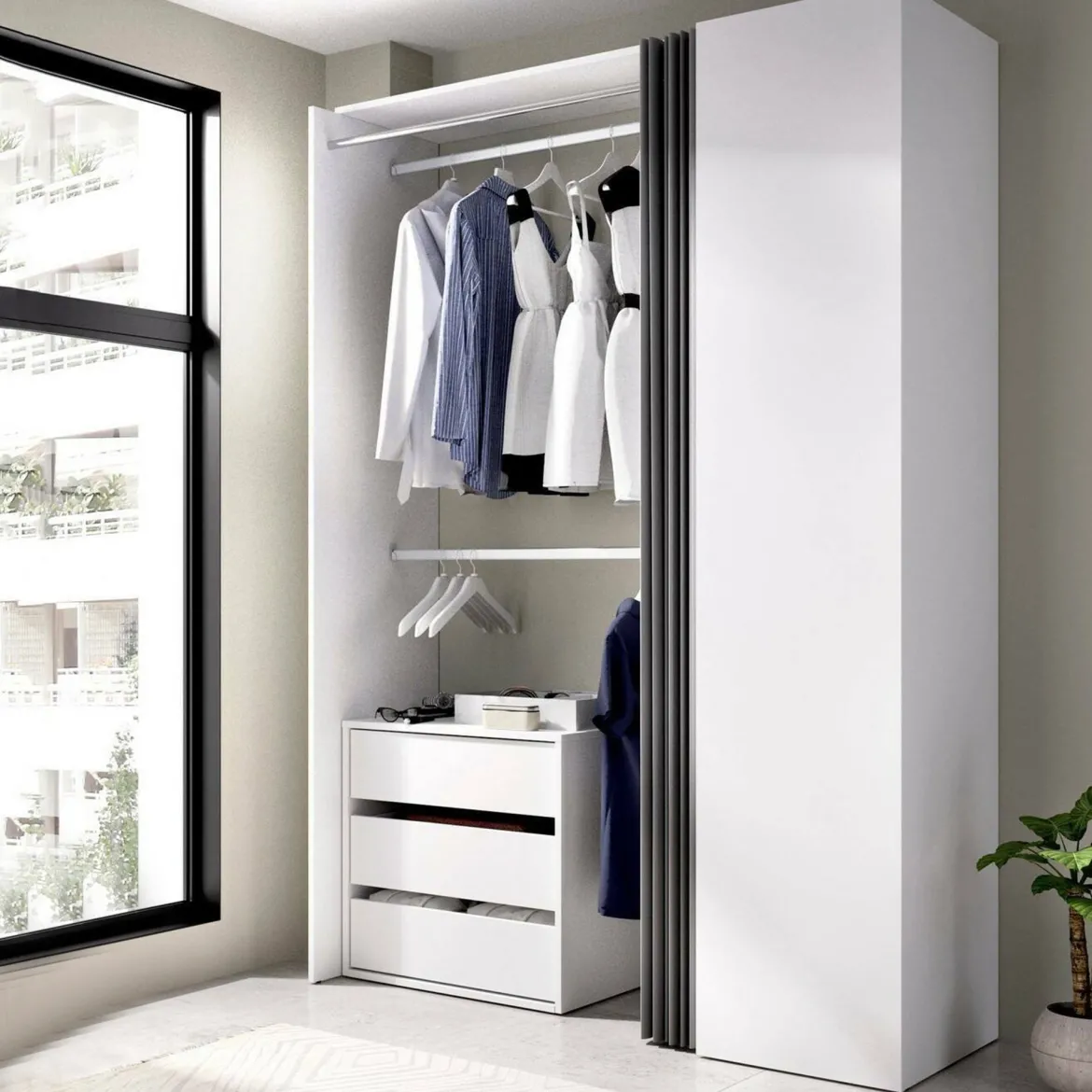 Guardaroba grande con cassetti bianco e antracite 140x205h cm - Annuck