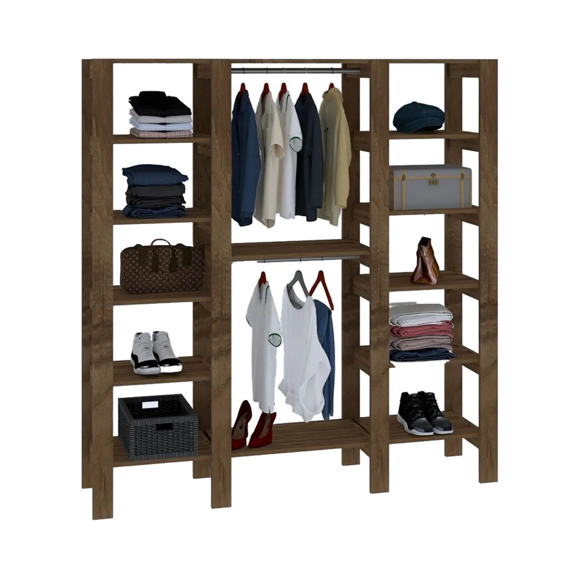 Guardaroba Grande Marrone Noce 10 Ripiani Appendiabiti 161x180h cm, 12 Vani - Nerviano
