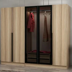 Guardaroba Grande Marrone Rovere Nero Fume Appendiabiti 6 Ripiani 225x210h cm, 5 Ante - Sinibalda