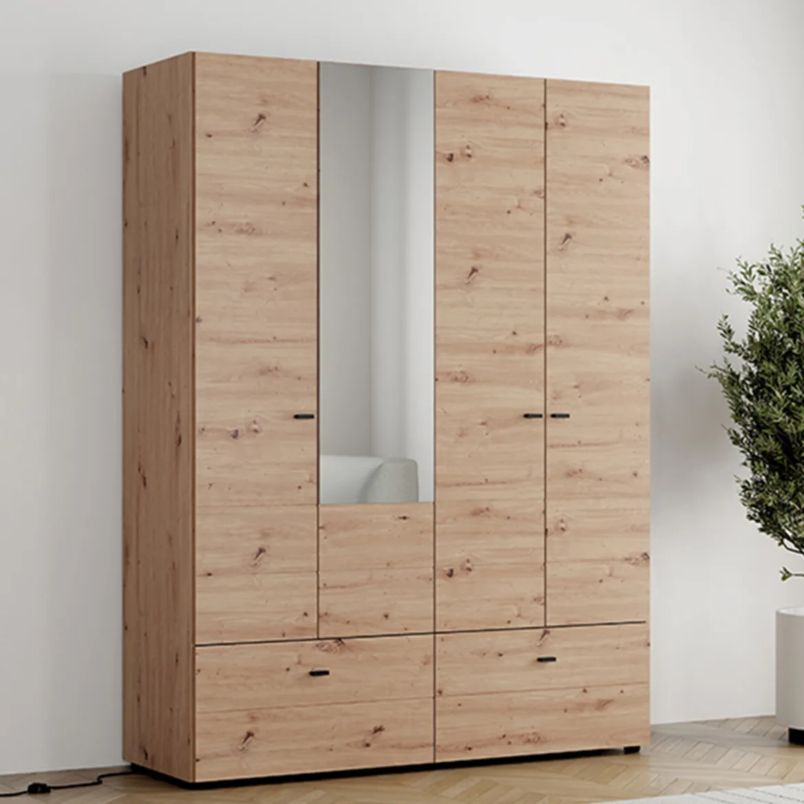 Guardaroba Grande Marrone Rovere Nodi Nero 4 Ripiani 3 Cassetti 183x211h cm, Appendiabiti - Rifreddoo