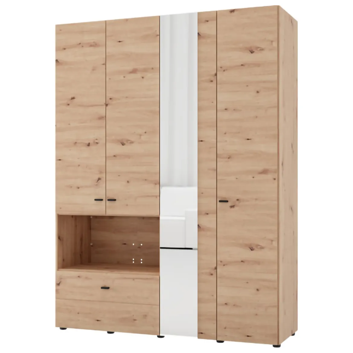 Guardaroba Grande Marrone Rovere Nodi Nero 4 Ripiani un Cassetto 155x208h cm, Appendiabiti - Omete