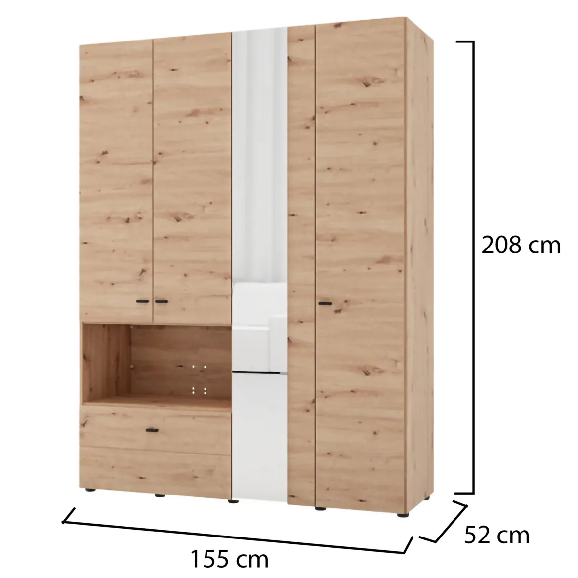 Guardaroba Grande Marrone Rovere Nodi Nero 4 Ripiani un Cassetto 155x208h cm, Appendiabiti - Omete