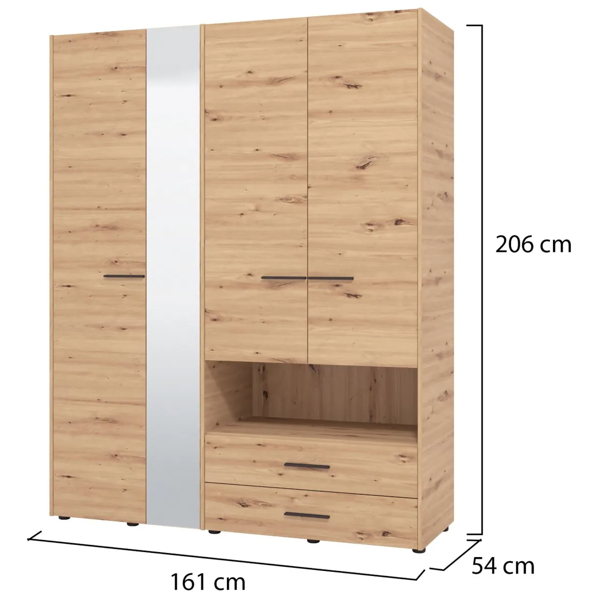 Guardaroba Grande Marrone Rovere Nodi Nero 5 Ripiani 3 Cassetti 161x205.5h cm, Appendiabiti - Teana