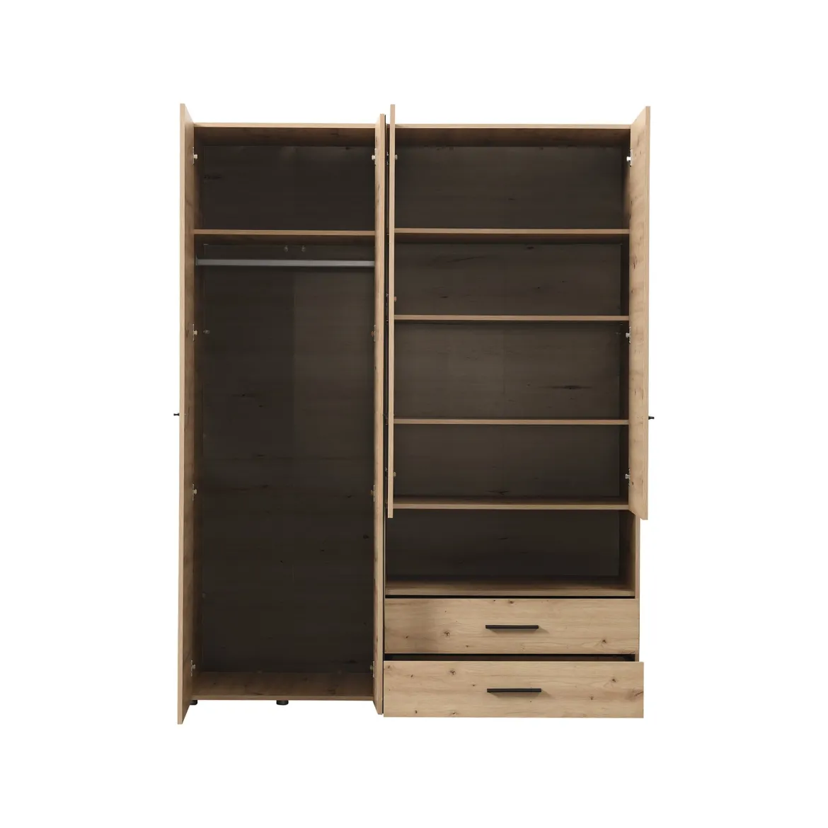 Guardaroba Grande Marrone Rovere Nodi Nero 5 Ripiani 3 Cassetti 161x205.5h cm, Appendiabiti - Teana