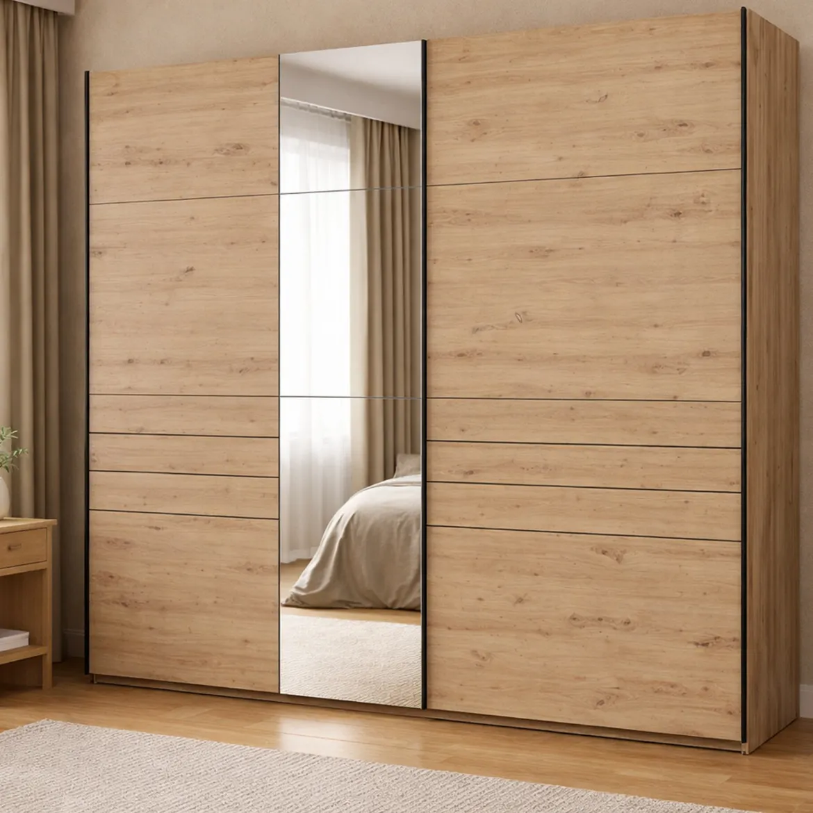 Guardaroba Grande Marrone Rovere Nodi Nero Appendiabiti 2 Ripiani 267x217h cm, Apertura Scorrevole - Tures