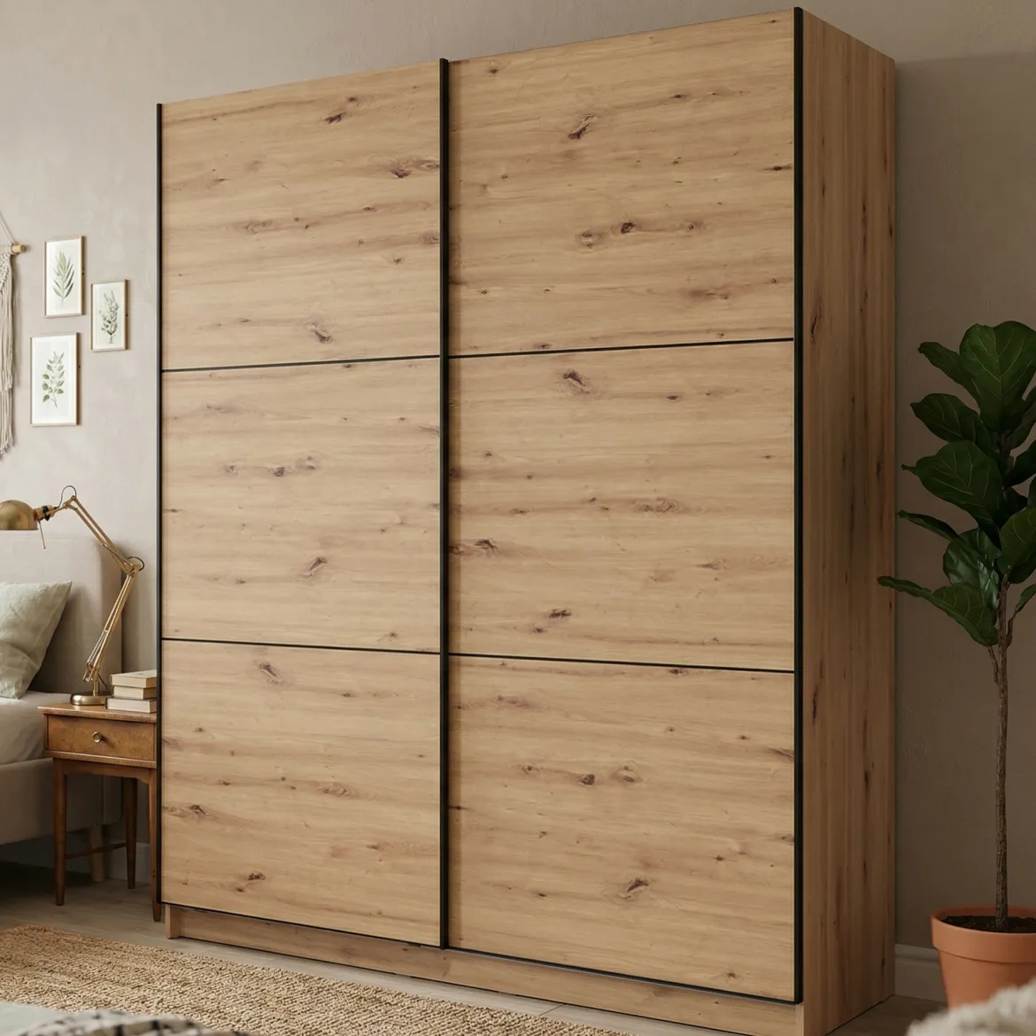 Guardaroba Grande Marrone Rovere Nodi Nero Appendiabiti 5 Ripiani 179x210h cm, Apertura Scorrevole - Verzino