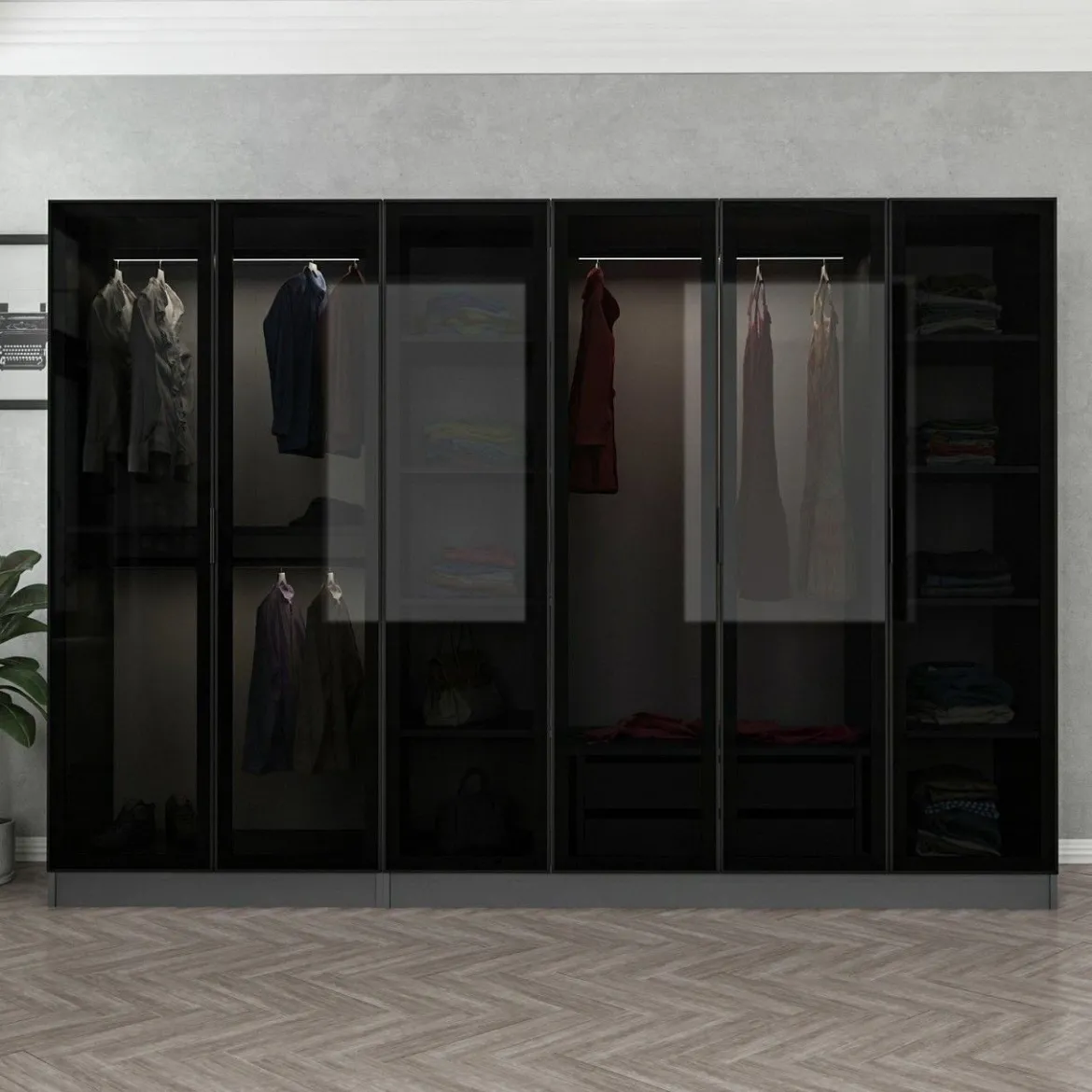 Guardaroba Grande Nero Antracite Nero Fume Appendiabiti 10 Ripiani 270x210h cm, 6 Ante - Nogaro