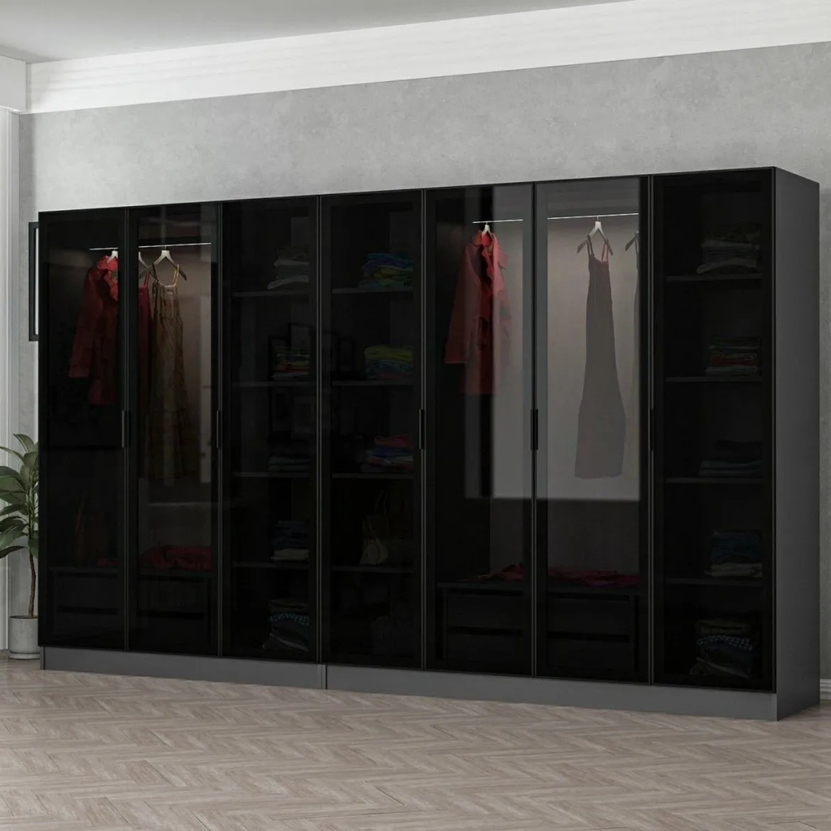 Guardaroba Grande Nero Antracite Nero Fume Appendiabiti 6 Ripiani 225x210h cm, 5 Ante - Sinibalda