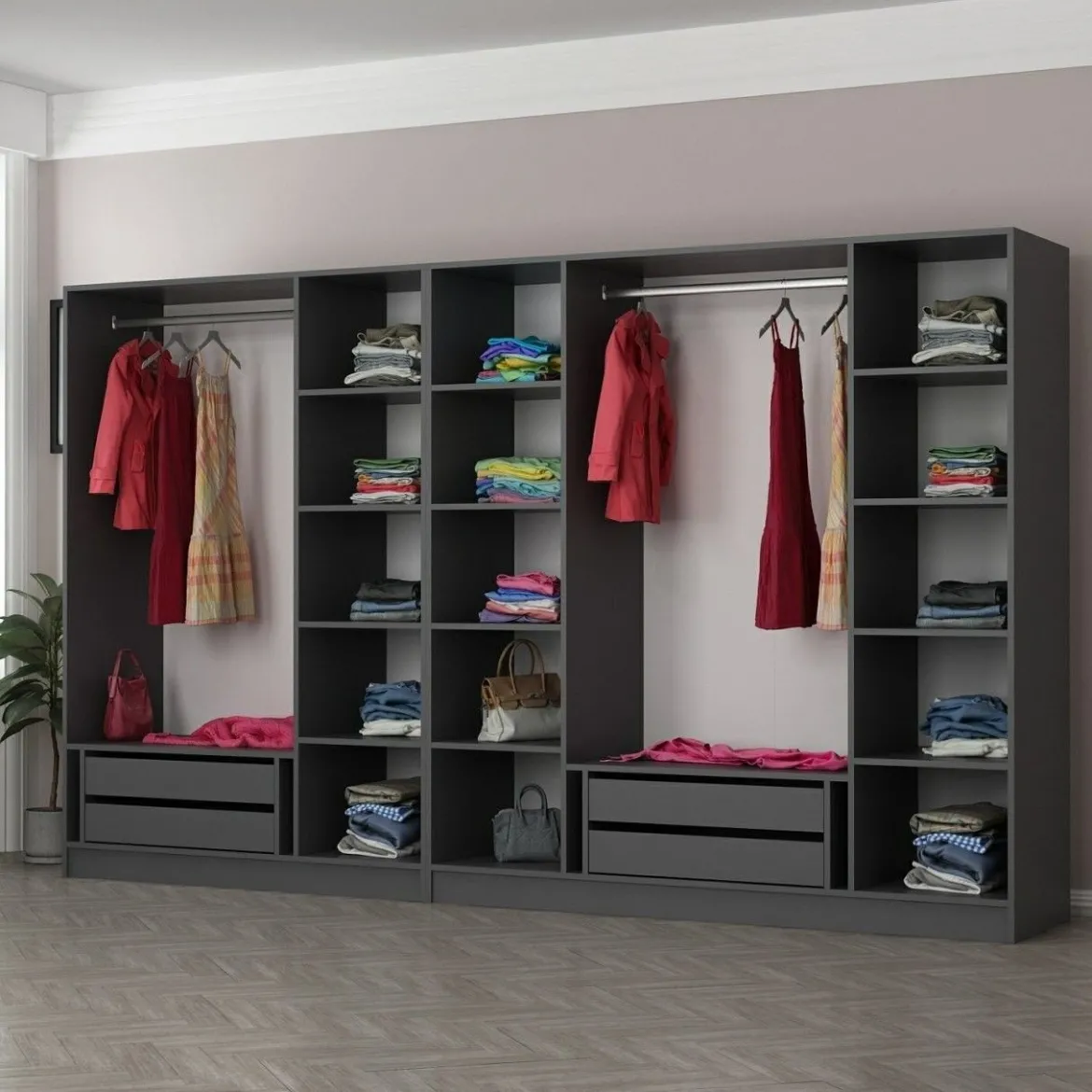 Guardaroba Grande Nero Antracite Nero Fume Appendiabiti 6 Ripiani 225x210h cm, 5 Ante - Sinibalda
