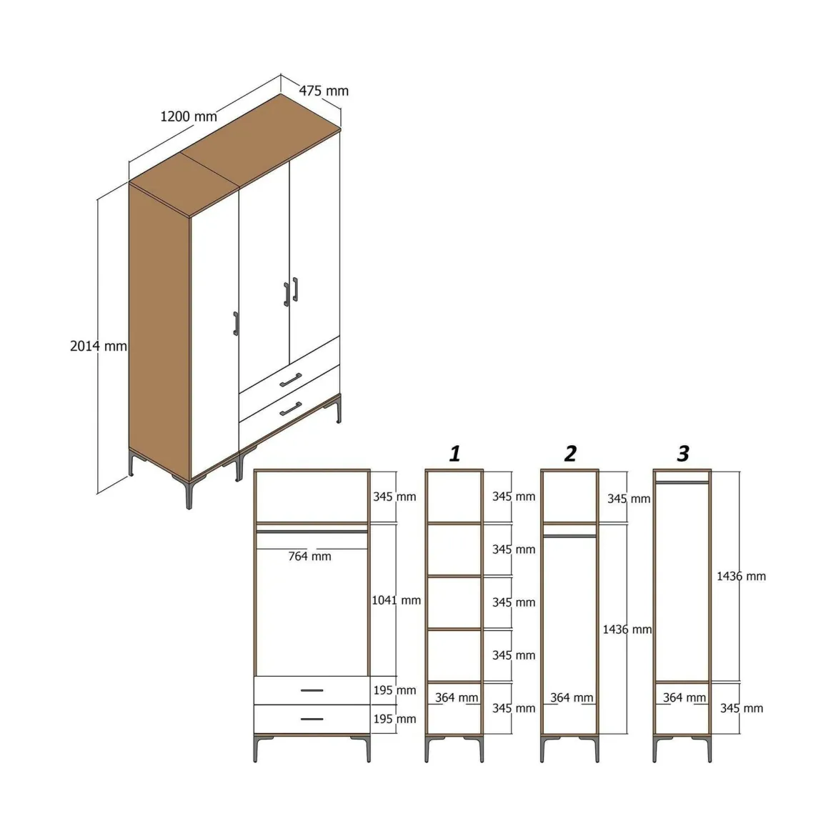 Guardaroba in legno noce e antracite 120x200h cm - Phyan