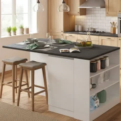 Isola cucina con piano lavoro ampio 160x90x90h cm bianca lucida e ardesia - Abern