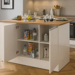 Isola cucina salvaspazio con ripiani 155x90x90h cm bianca lucida e rovere - Tartaro