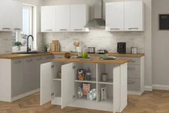 Isola cucina salvaspazio con ripiani 155x90x90h cm bianca lucida e rovere - Tartaro