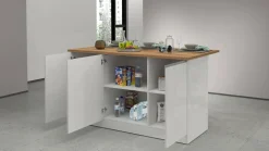 Isola cucina salvaspazio con ripiani 155x90x90h cm bianca lucida e rovere - Tartaro