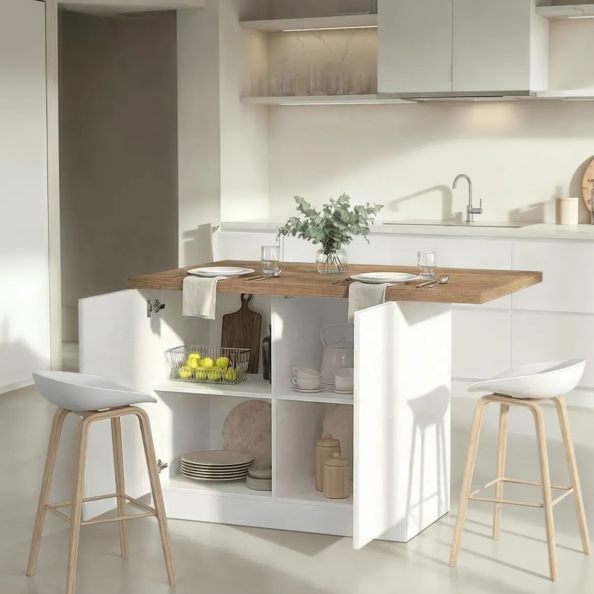 Isola da Cucina Bianco Lucido Marrone Noce 2 Ripiani 4 Vani 130x80x90h cm, 2 Ante Made in Italy - Miha