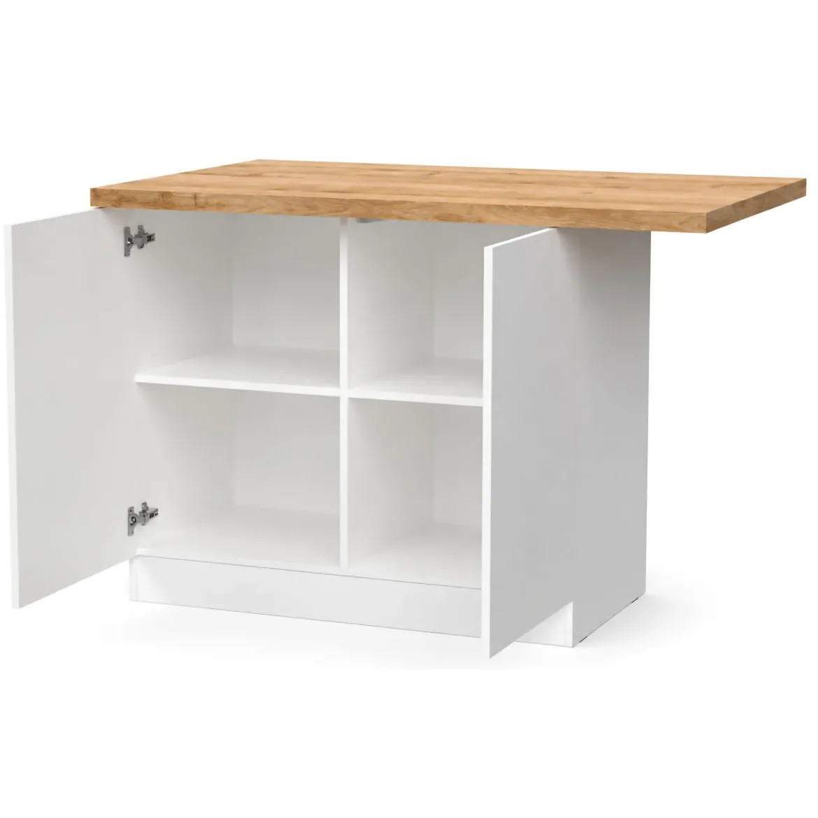 Isola da Cucina Bianco Lucido Marrone Rovere 2 Ripiani 4 Vani 130x80x90h cm, 2 Ante Made in Italy - Miha