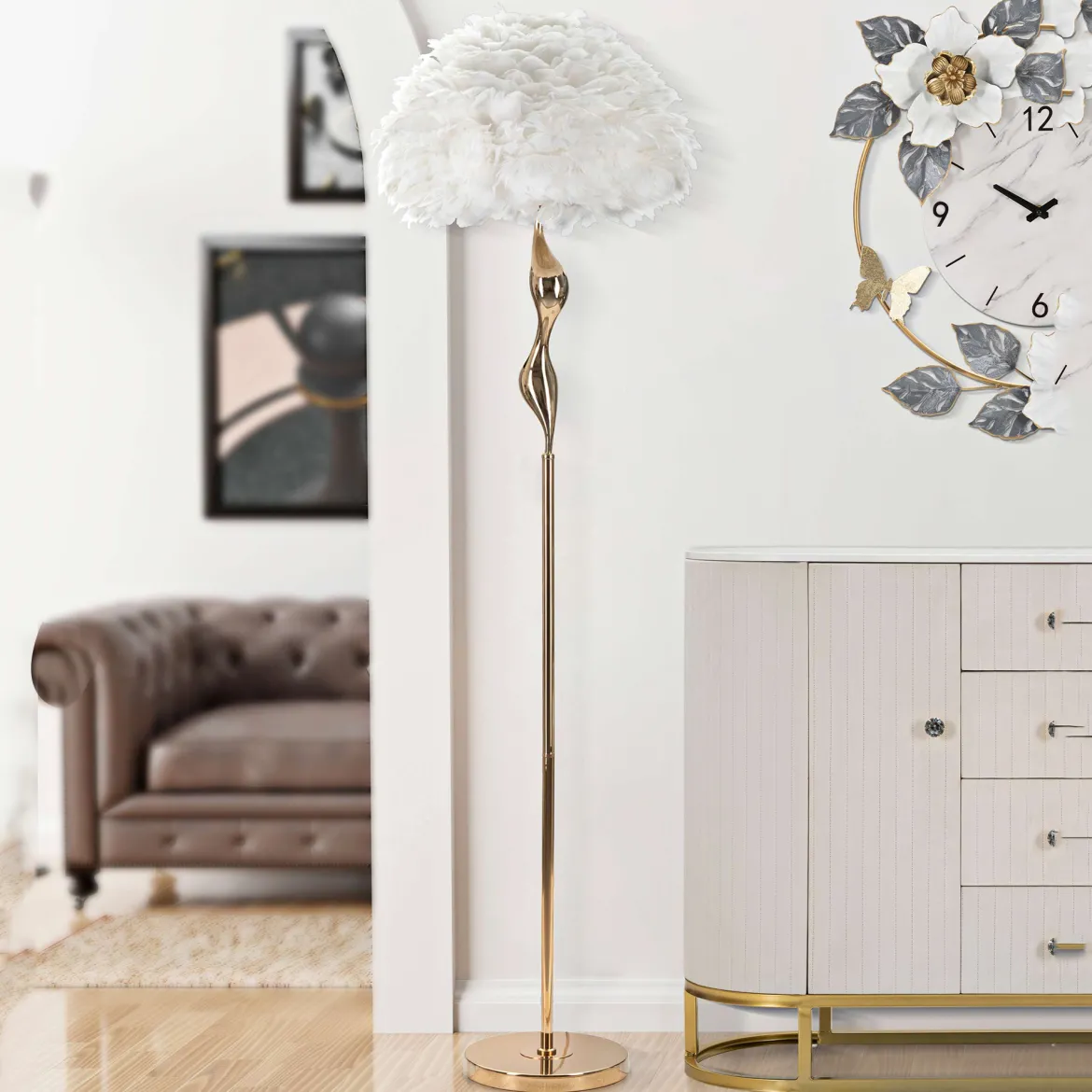 Lampada da Terra Bianco oro Necessarie 3 Lampadine Attacco e14, Interruttore Pedaliera - Kisoro
