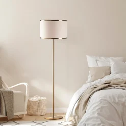 Lampada da Terra Bianco oro Panna Paralume Attacco e 27 max 40 w, Interruttore Connessione Diretta - Laviano