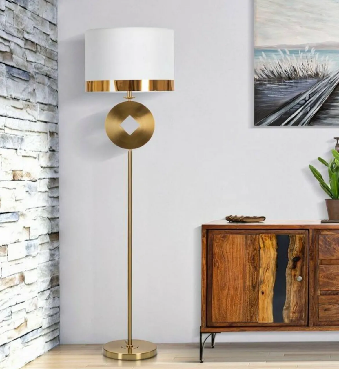 Lampada da terra Telero, 40x40 h151 cm, Bianco e Oro