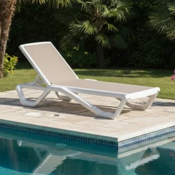 Lettino Prendisole Bianco Beige Impilabile, Regolabile 4 Posizioni Peso Supportato 120 kg 191x57x90h cm, Schienale Regolabile Made in Italy - Rochelle