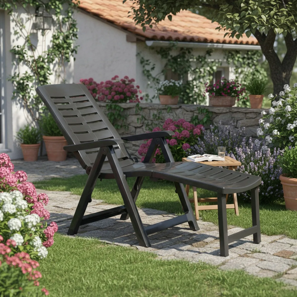 Lettino Prendisole Nero Antracite Ruote Pieghevole 189x72x96h cm, Peso Supportato 120 kg Made in Italy - Noahs