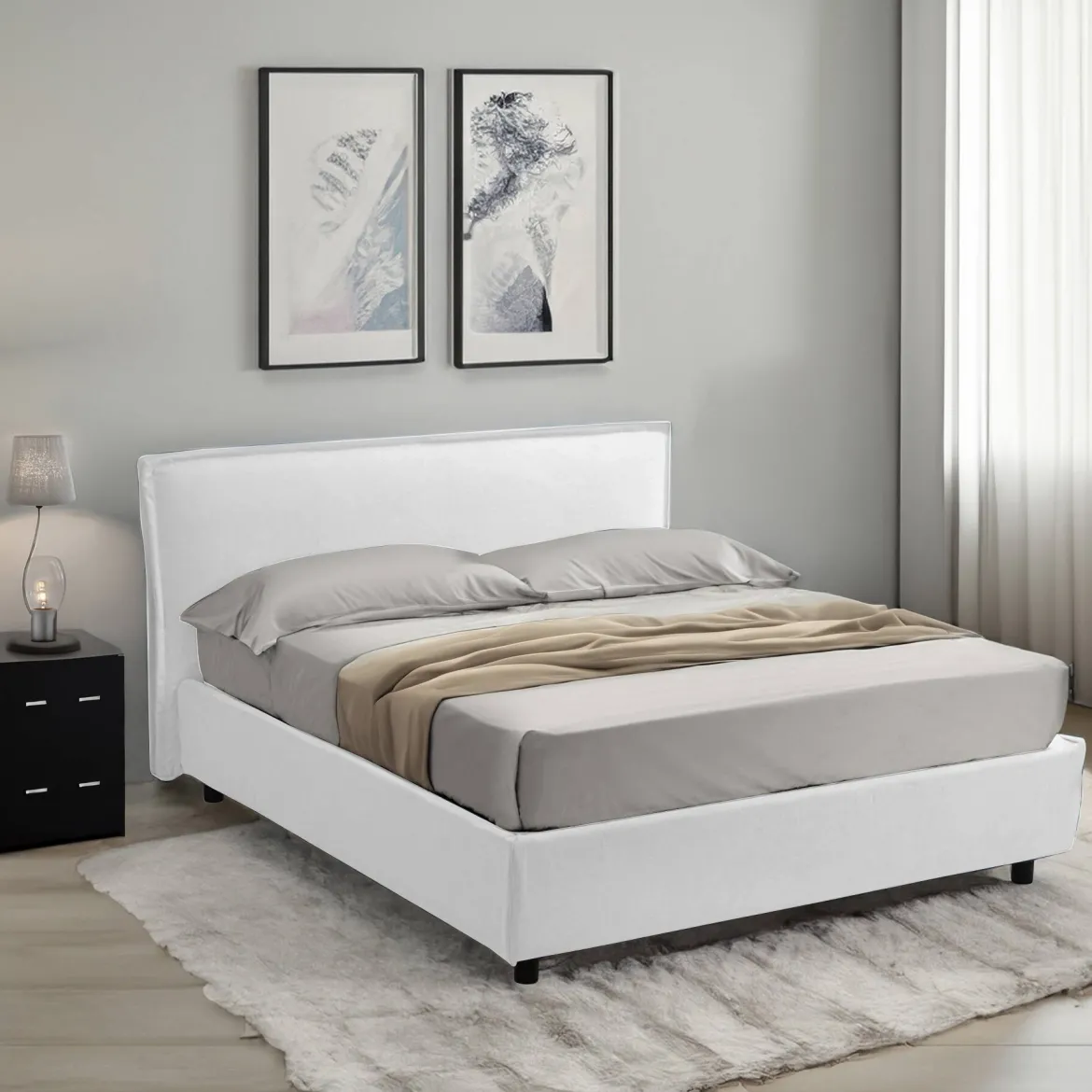 Letto Alla Francese Bianco Materasso Incluso Sfoderabile, Contenitore Made in Italy - Brienza