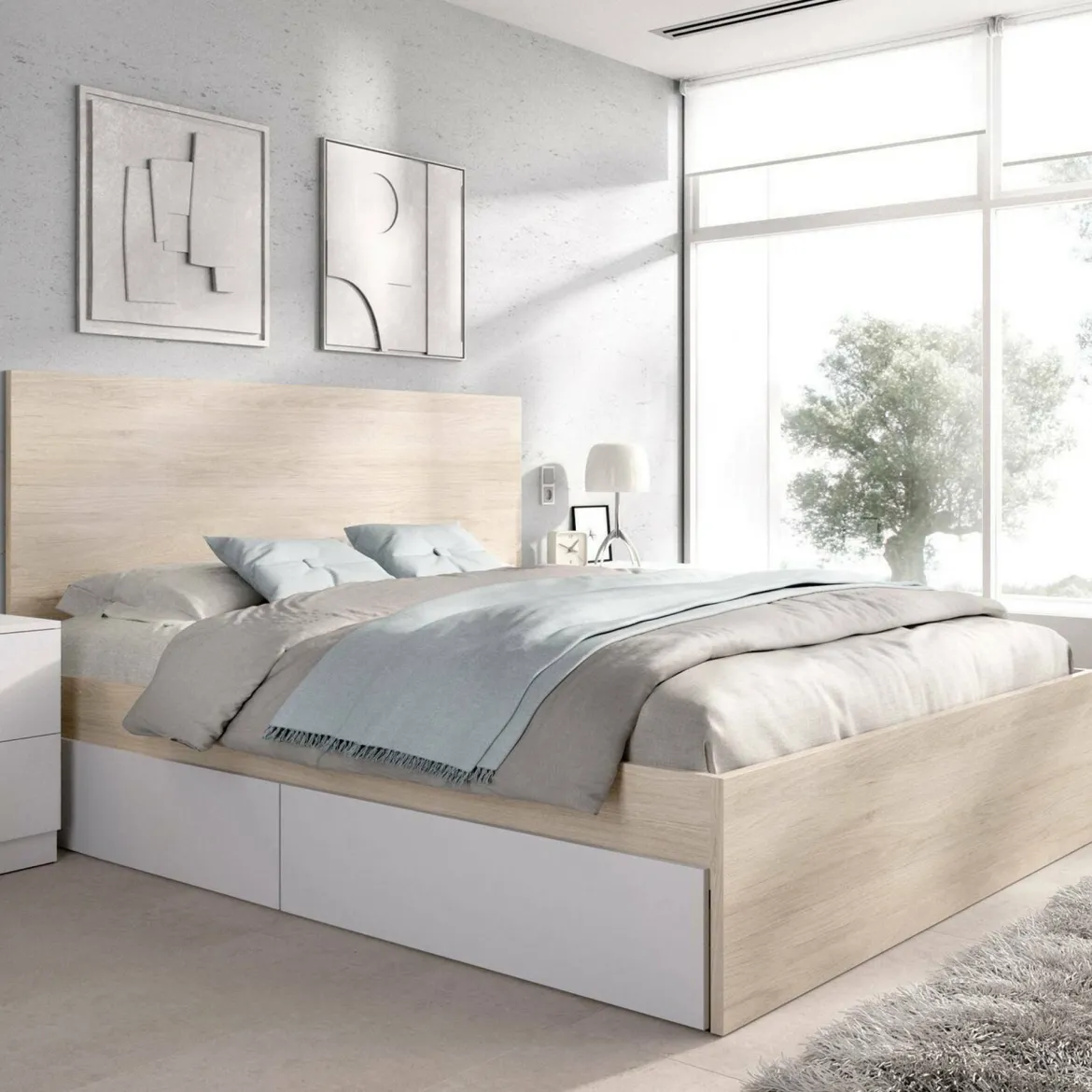Letto alla francese design bianco e rovere 195x249cm - Iona