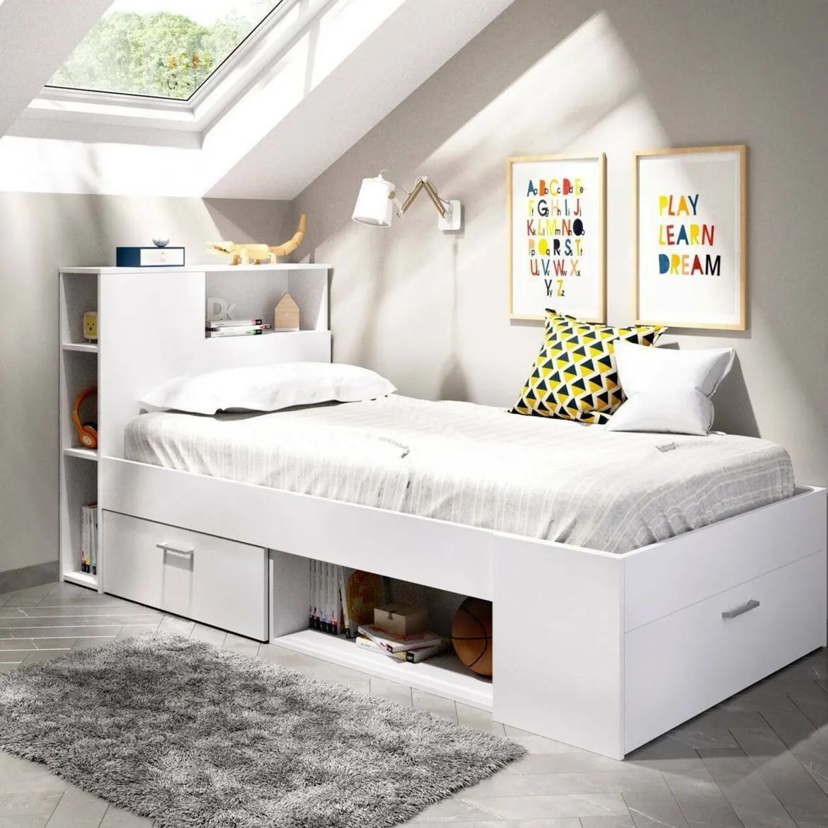 Letto bambini cassetti e scaffale 218x99cm bianco - Adrielle