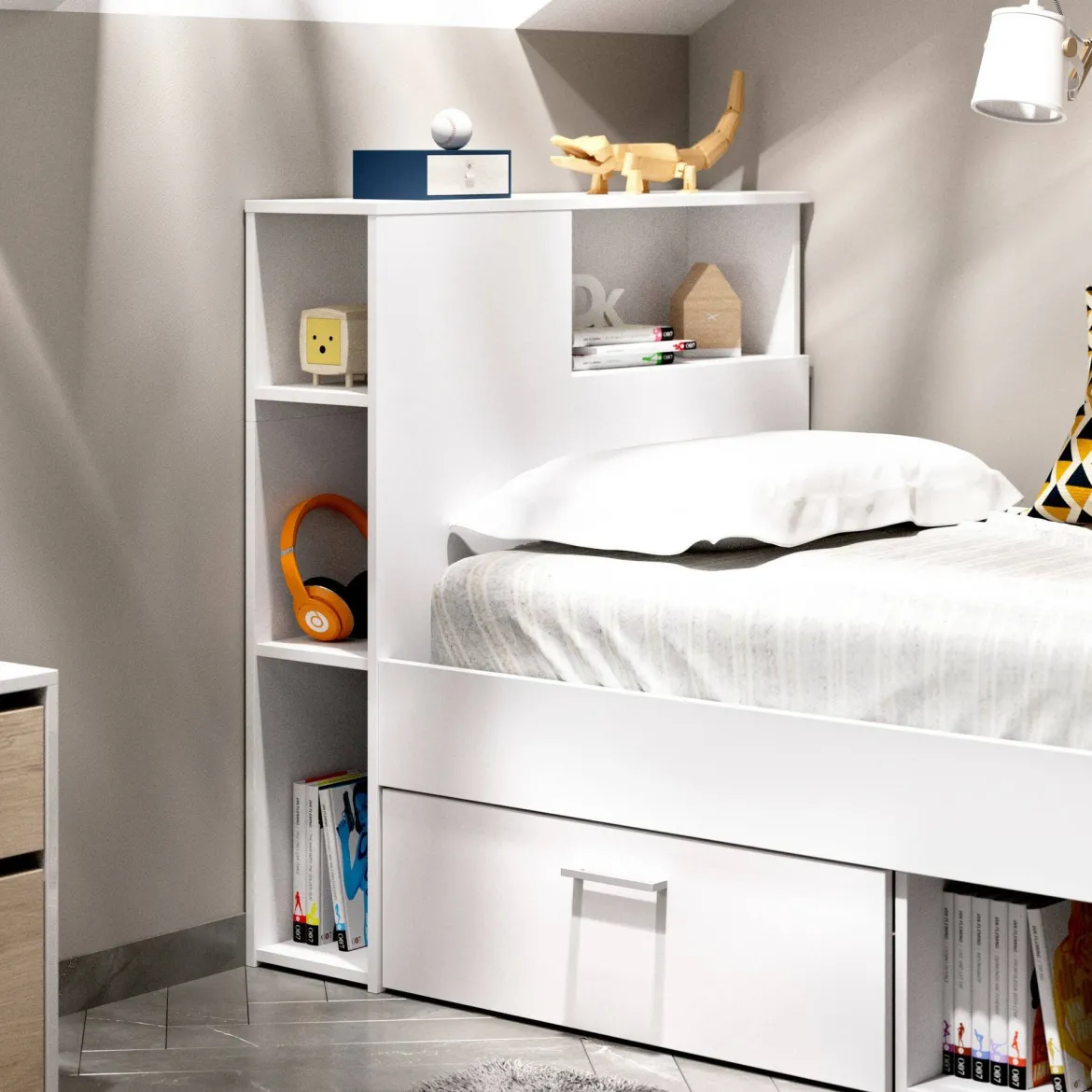 Letto bambini cassetti e scaffale 218x99cm bianco - Adrielle