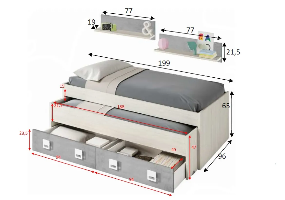 Letto bambini 199x96cm bianco e cemento - Balzola
