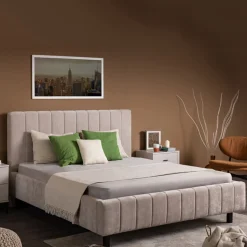 Letto Matrimoniale Beige Dimensione Materasso 160x200 cm Testiera e Giroletto Imbottiti, Imbottito - Exmouth