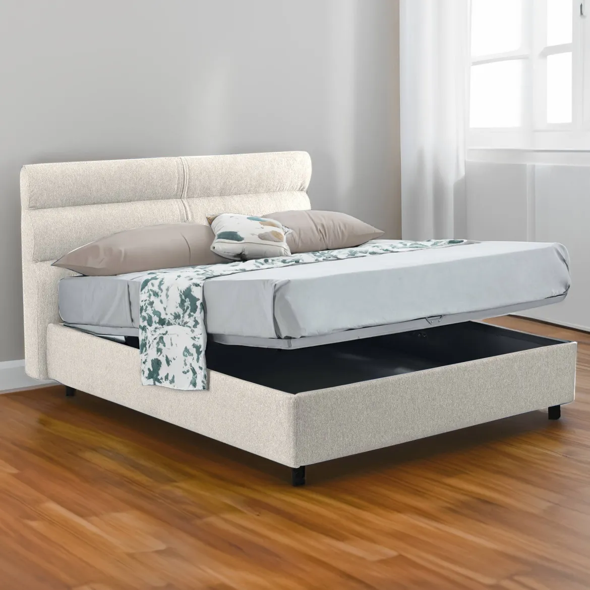 Letto Matrimoniale Beige Sfoderabile Contenitore, Dimensione Materasso 160x190 cm Made in Italy - Brienno