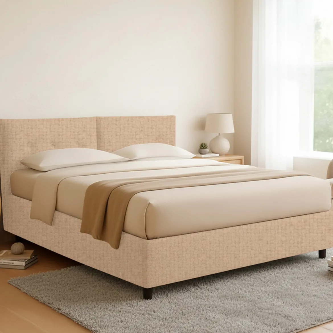 Letto Matrimoniale Beige Sfoderabile Contenitore, Dimensione Materasso 160x200 cm Made in Italy - Aly