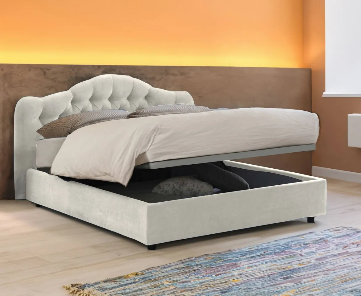 Letto Matrimoniale Beige Sfoderabile Contenitore, Dimensione Materasso 160x200 cm Made in Italy - Aly