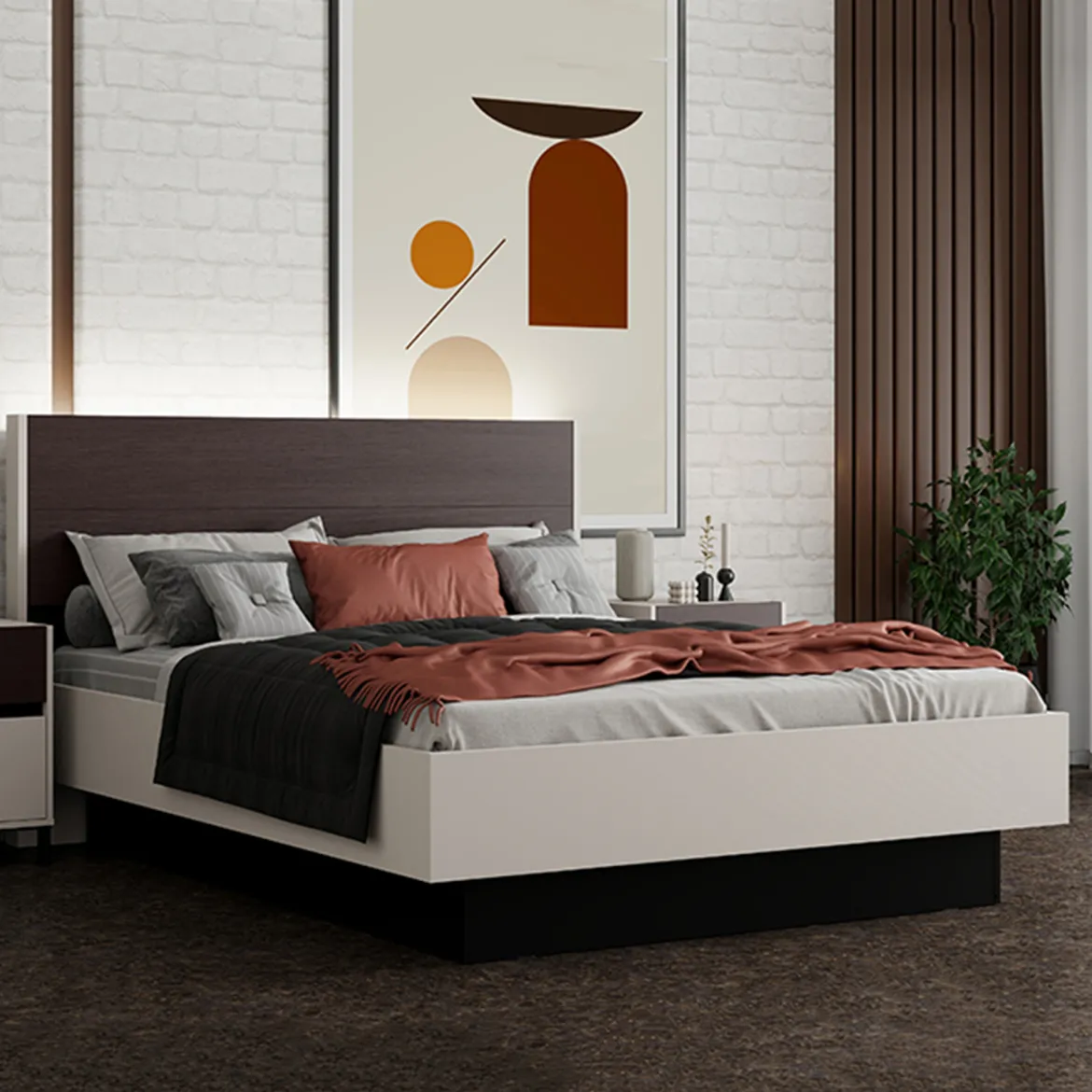 Letto Matrimoniale Bianco Crema Marrone Rovere Dimensione Materasso 160x200 cm Testata Dettaglio Rigato, Peso Supportato 200 kg - Luangp
