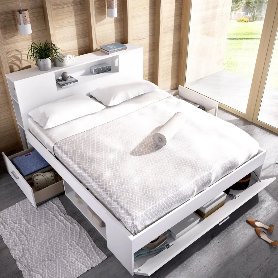 Letto Matrimoniale Bianco Materasso Incluso Sfoderabile, Contenitore Made in Italy - Alfer