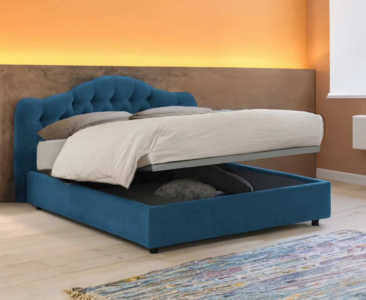 Letto Matrimoniale blu Materasso Incluso Sfoderabile, Contenitore Made in Italy - Allik