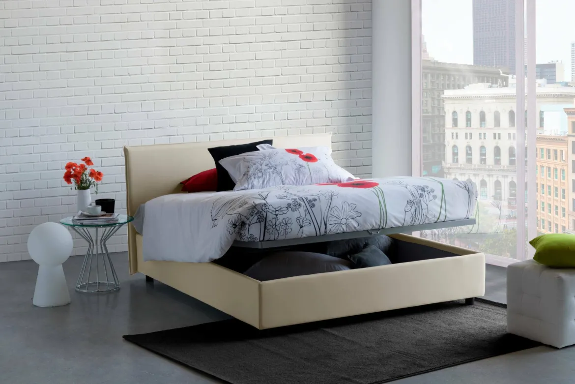 Letto matrimoniale contenitore beige 175x205cm testiera imbottita - Anassimene