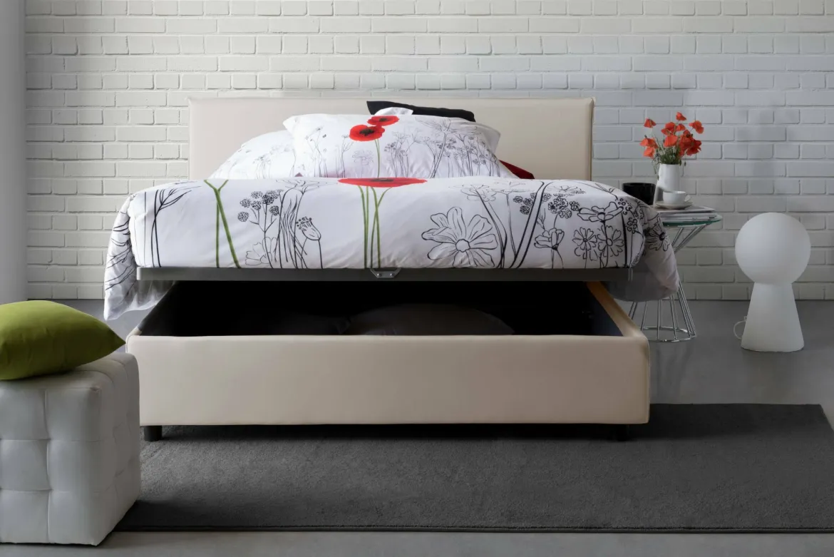 Letto matrimoniale contenitore beige 175x215cm rivestito in tessuto - Arcan