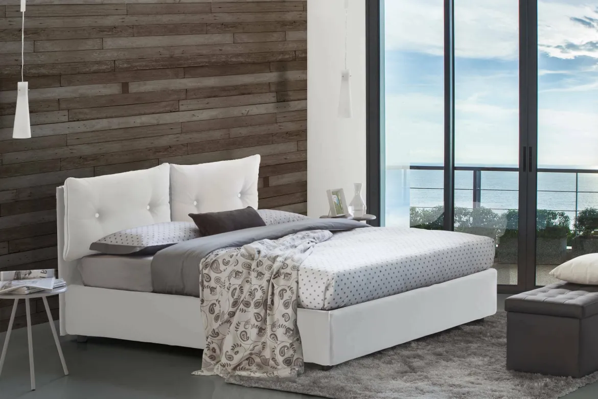Letto matrimoniale contenitore bianco 175x205cm con testiera imbottita - Mercede
