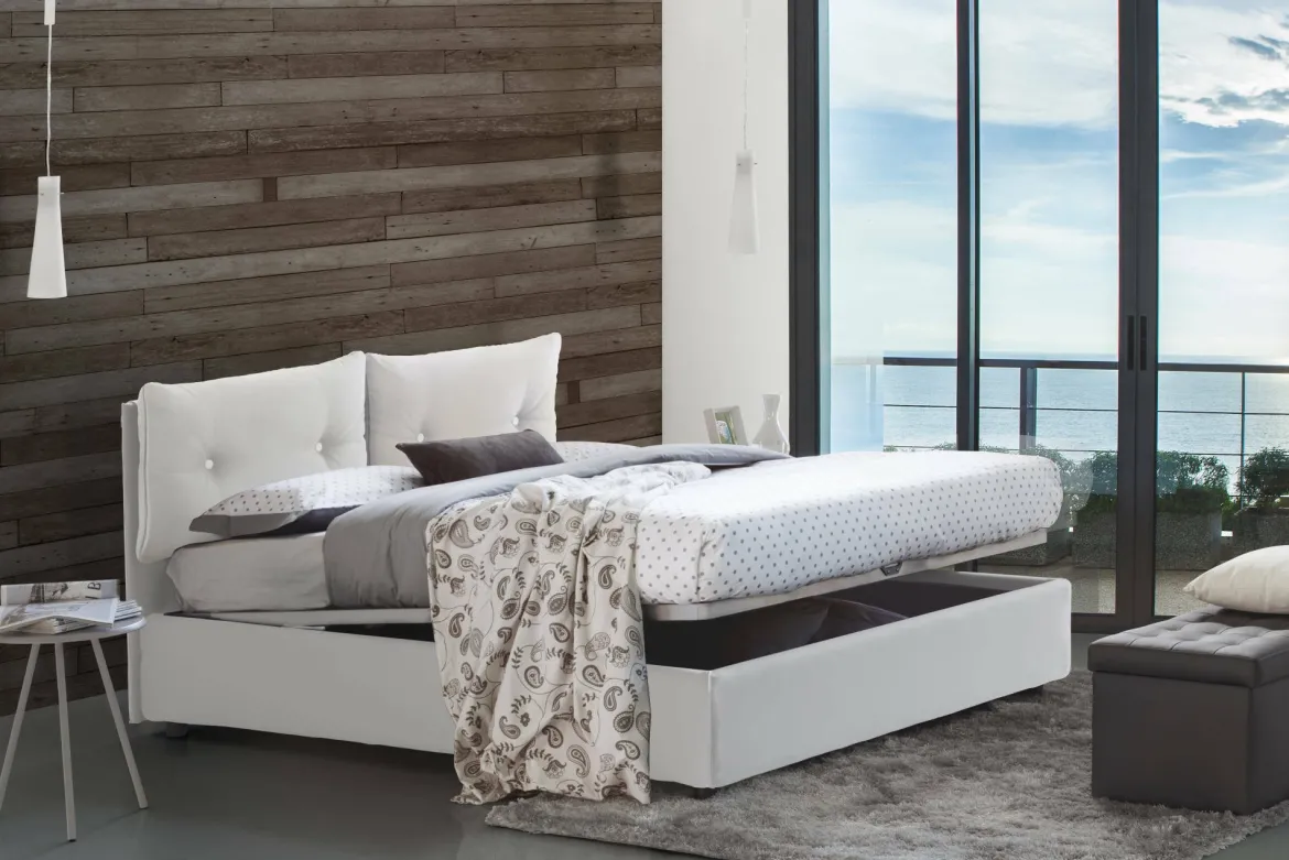 Letto matrimoniale contenitore bianco 175x205cm con testiera imbottita - Mercede
