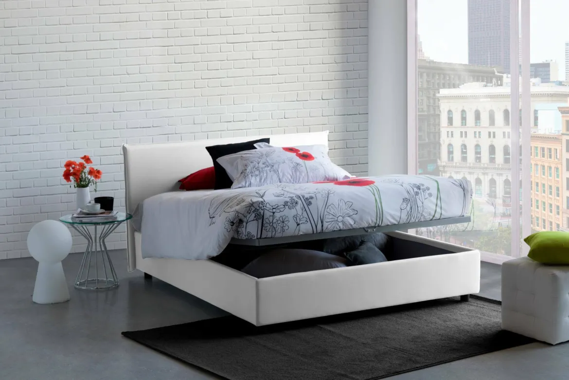 Letto matrimoniale contenitore bianco 175x215cm rivestito in tessuto - Arcan