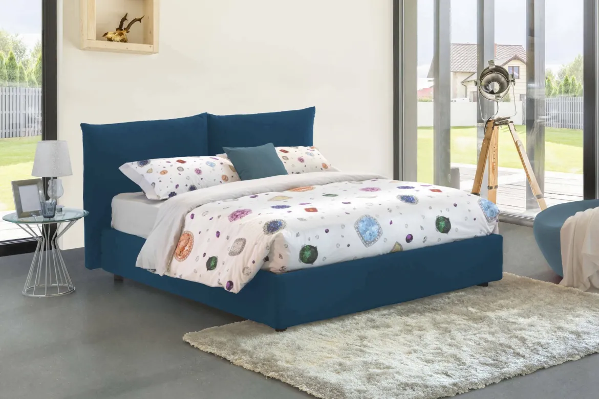 Letto matrimoniale contenitore blu 190x225cm imbottito - Arcole