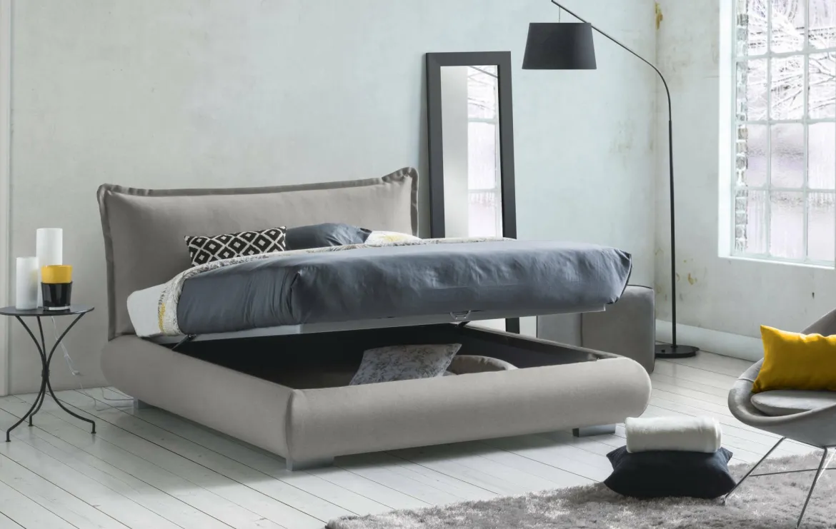 Letto matrimoniale contenitore grigio 180x220cm rivestito in tessuto - Geras