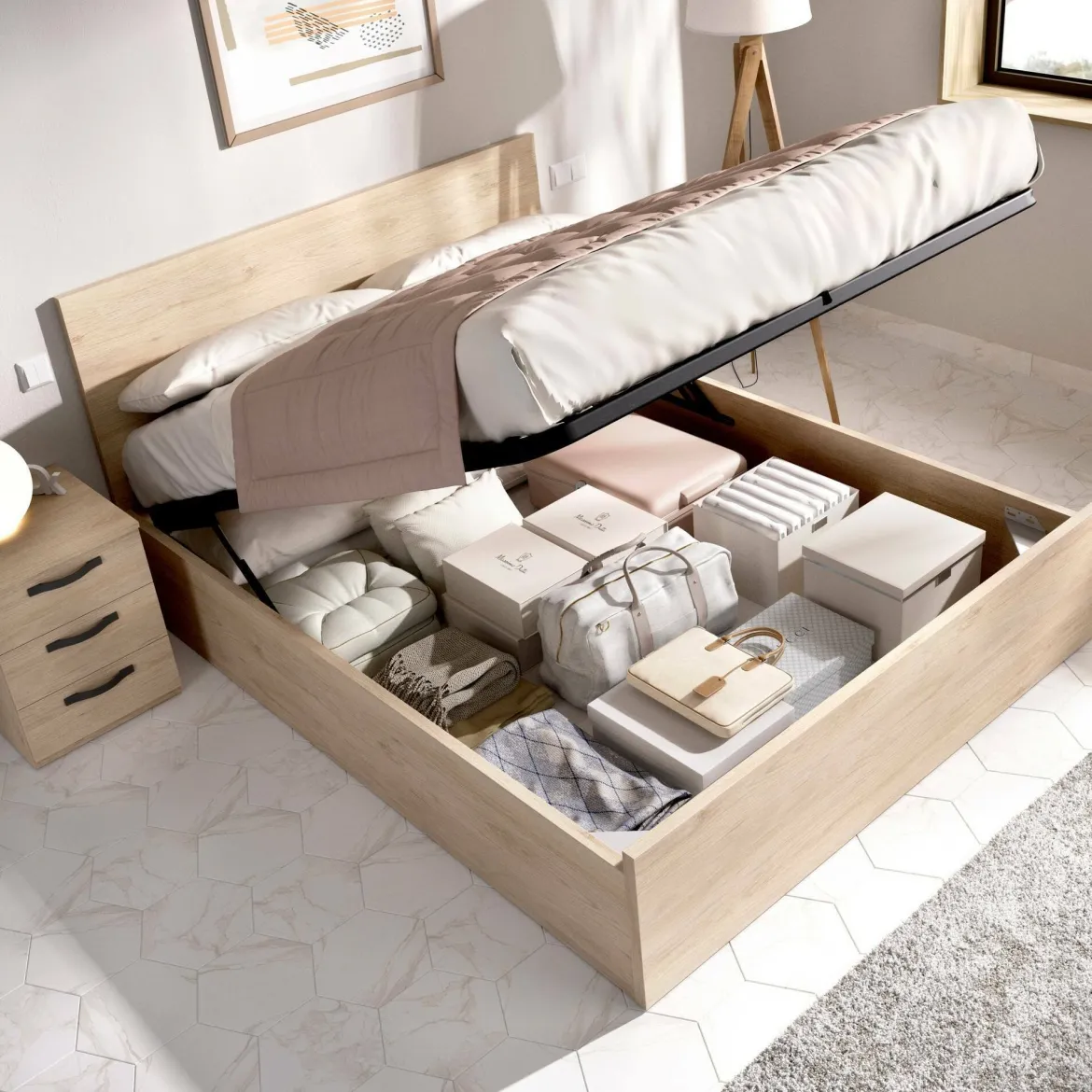 Letto matrimoniale contenitore tortora 171x204cm imbottito - Albanio