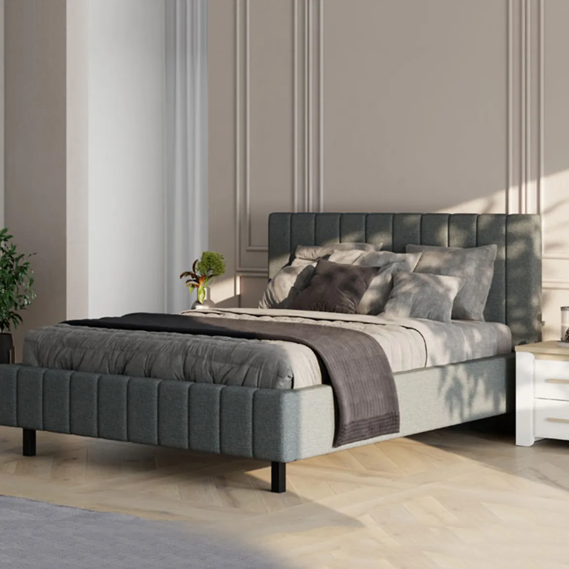 Letto Matrimoniale Grigio Dimensione Materasso 160x200 cm Testiera e Giroletto Imbottiti, Imbottito - Exmouth